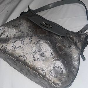 Authentic Coach Madison Op Art Leather And Jacquard Small Silver Shoulder Bag